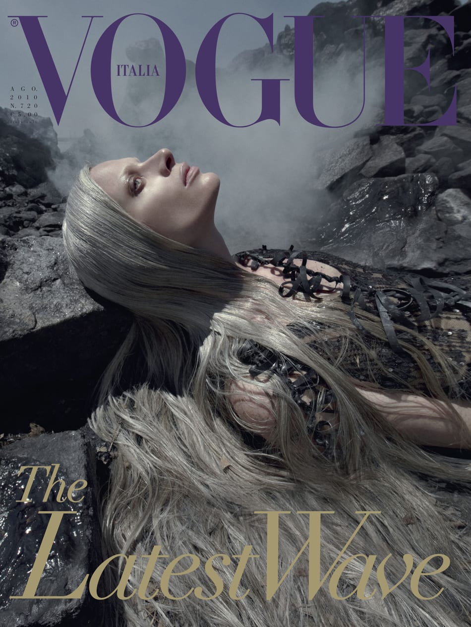 This magazine cover provided by Steven Meisel for Vogue Italia shows the cover of the August issue of Vogue Italia featuring Kristen McMenamy. The issue includes a photo spread shot by Steven Meisel titled "Water & Oil". (AP Photo/Vogue Italia, Steven Meisel) 