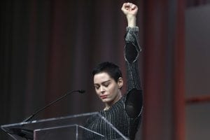 Rose McGowan speaking at Women's Convention in Detroit Oct. 27, 2017.