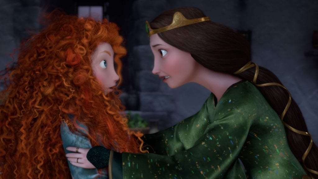 Still from Brave where Merida's mother is looking intensely at her daughter, grasping her shoulders.