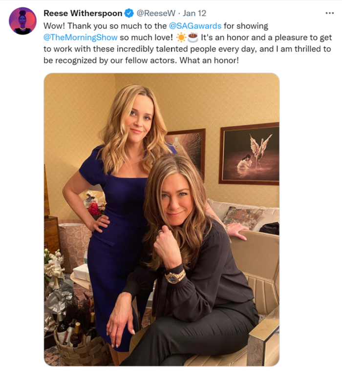 Screenshot of a social media post by Reese Witherspoon, saying "Wow! Thank you so much to the @SAGawards for showing @TheMorningShow so much love! It's an honor and a pleasure to get to work with these incredibly talented people every day, and I am thrilled to be recognized by our fellow actors. What an honor!"