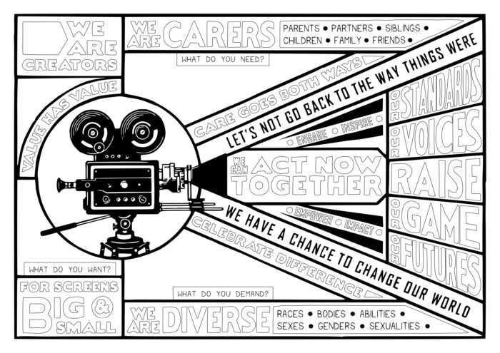 A black-and-white graphic featuring a film camera and inspiring text for caregiving filmmakers.